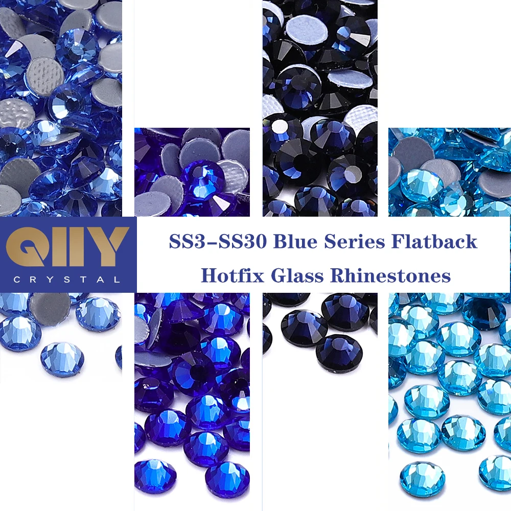 

QIIY SS6-SS30 Blue Series Glass Crystal Rhinestones Hot-fix Flatback Iron On Stones For Wedding Dress Fabric Clothes Decoration