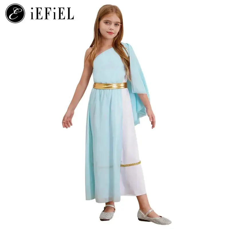 Costume cosplay per bambina, ninfa greca, toga, volant, monospalla, maxi vestito da ballo lirico, antico dio romano, per spettacolo scolastico