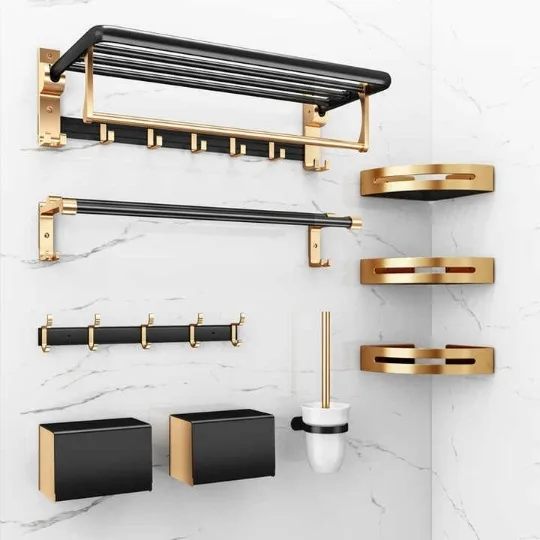 

Aluminum Folding Storage Rack Hardware Accessories Set Black and Gold Towel Rack Shelf Bathroom Products