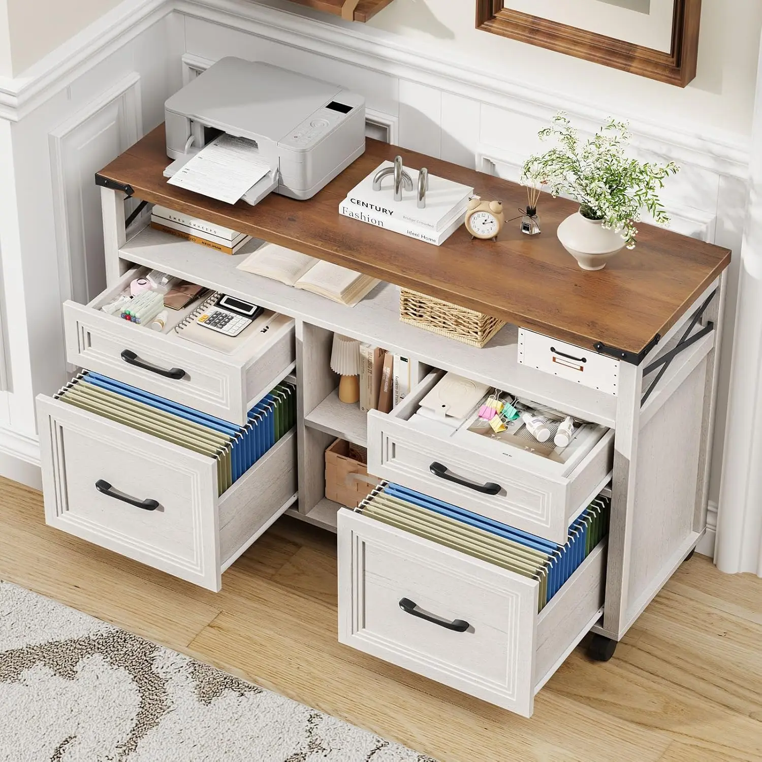 Farmhouse Filing Cabinet with Adjustable Shelf & Wheels, Lateral File Cabinets, Office Storage Cabinet with 4, Customized