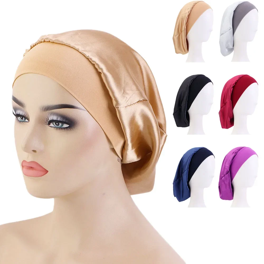 Women Sleeping Caps Bathroom Satin Solid Color Stretch Bonnets Hair Hat for Daily Use and Beauty Wide Band Elastic Chemo Caps