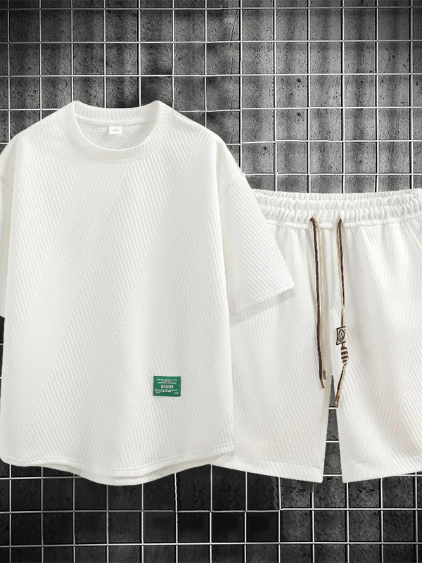 

Летний комплект: шорты и футболка для мужчин, свободный крой, повседневный стиль, спортивный, из смесового полиэстера, для подростков, модный, из двух предметов