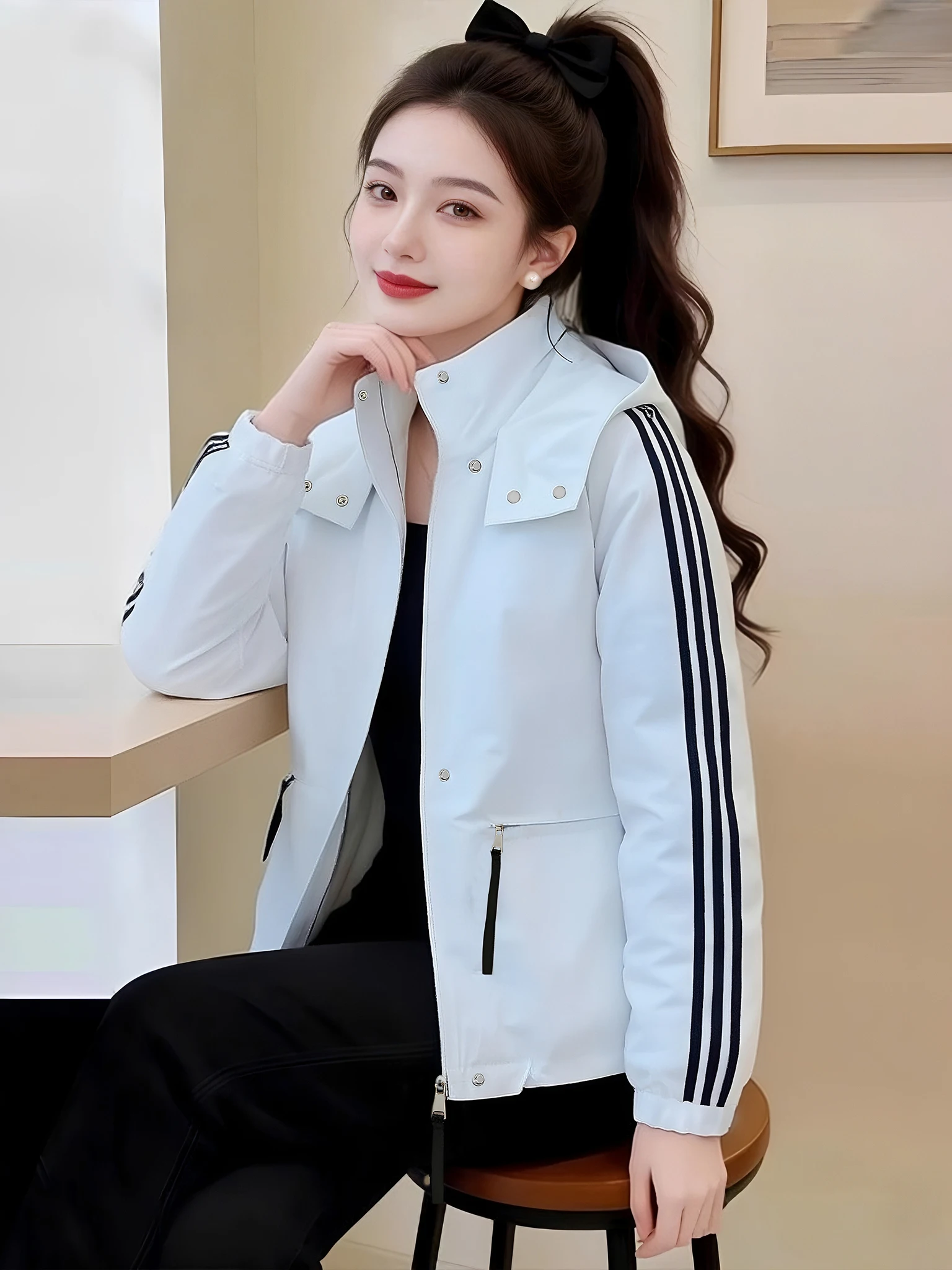 ルーズ韓国風野球ジャケット女性の春秋カジュアル多用途ショートコート春通勤スタイルジッパー開閉帽子