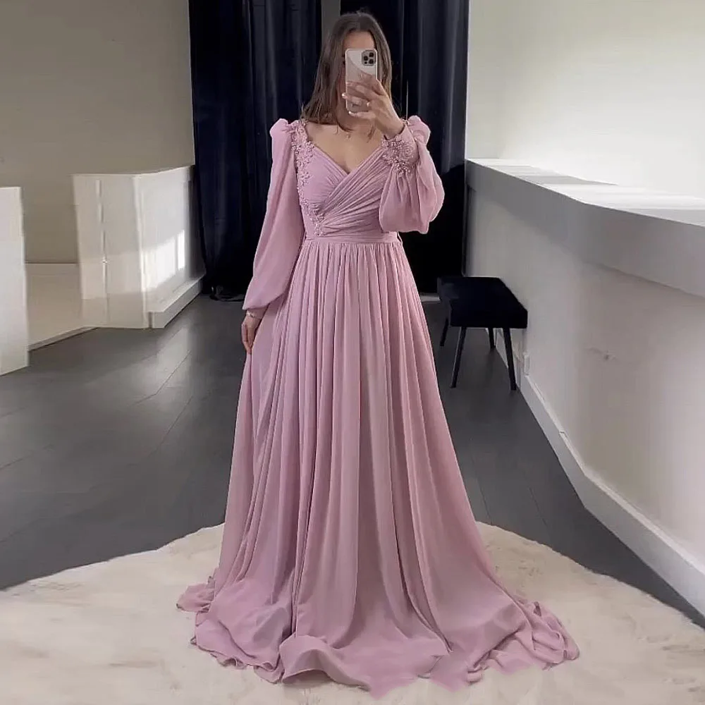 

Eightale Pink Evening Dress V-Neck Appliques Beaded Long Sleeves Chiffon A-Line Arabic Formal Prom Party Gowns Robes De Soirée