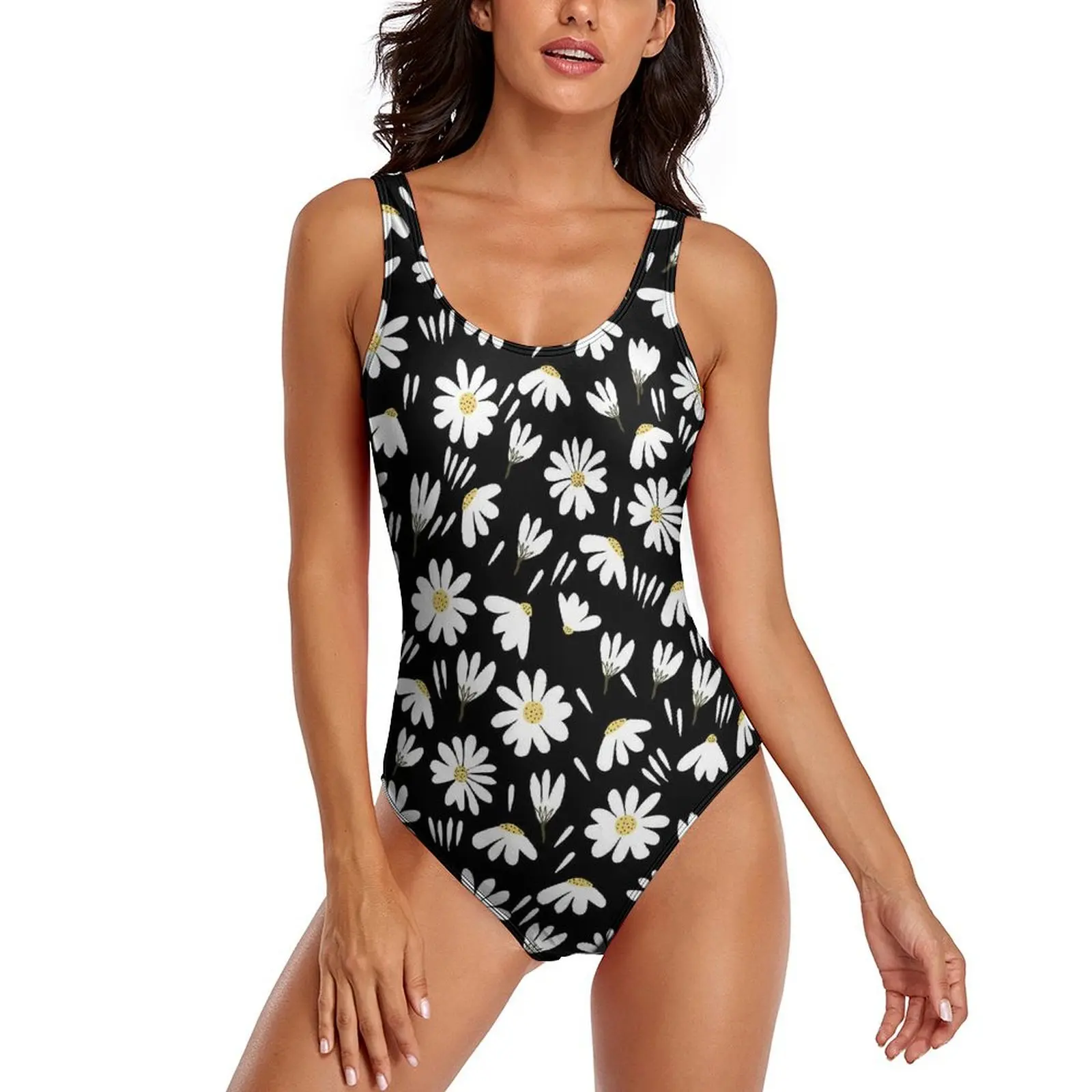 Ditsy Floral Swimsuit White Flowers Print One-Piece Swimwear Push Up Kawaii Bathing Suits Sexy Holiday Rave Printed Swimsuits