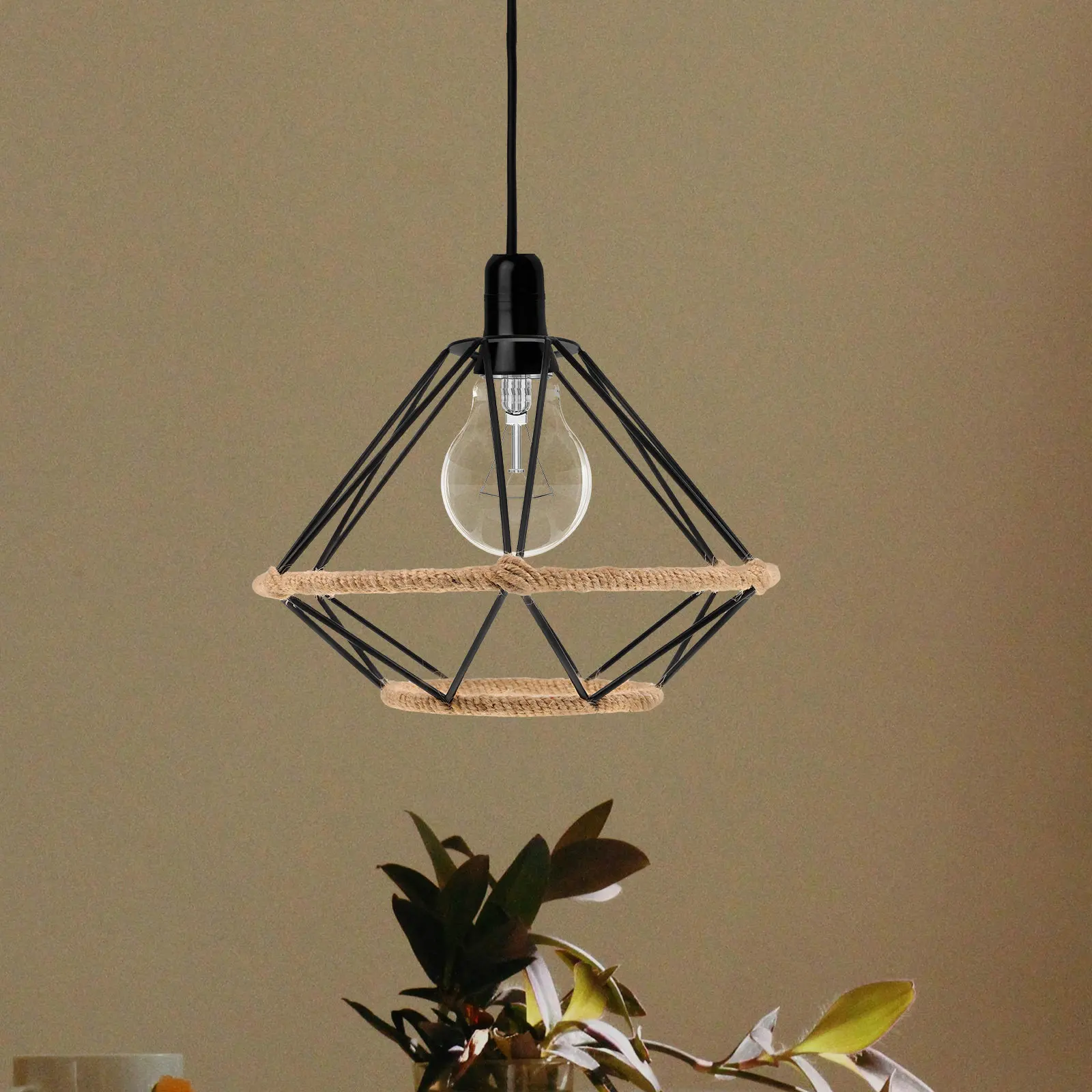 Handwoven Jute Rope Lampshade with Iron Cage Hollow Pendant Lamp Rustic Industrial Ceiling Light Fixture for Dining Room