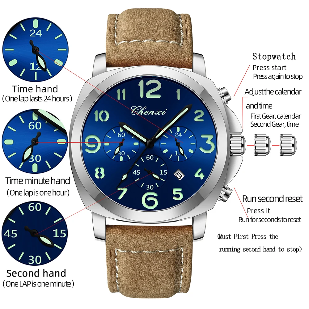 ผู้ชายธุรกิจนาฬิการอบหน้าปัดขนาดใหญ่นาฬิกาควอทซ์กันน้ําส่องสว่างหนังวงหยุดนาฬิกาผู้ชายนาฬิกา