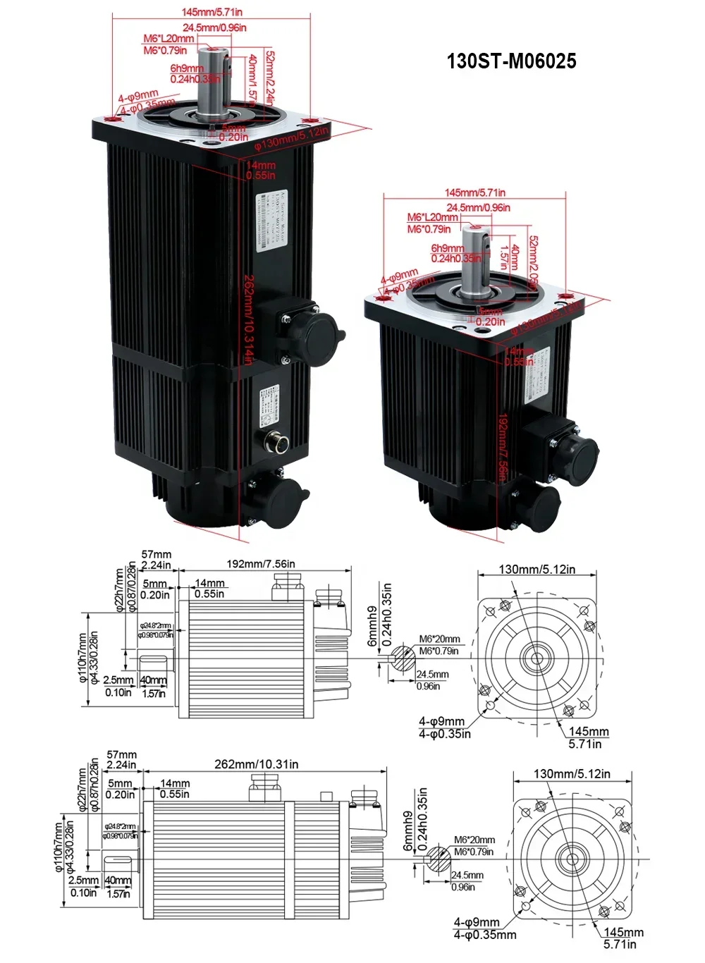 Codificador Óptico 2025 2500 RPM 6 Nm 130ST M06025 Nema 52 Motor Servo de 1.5KW 130ST Motor Servo AC con Controlador RS485 T3L