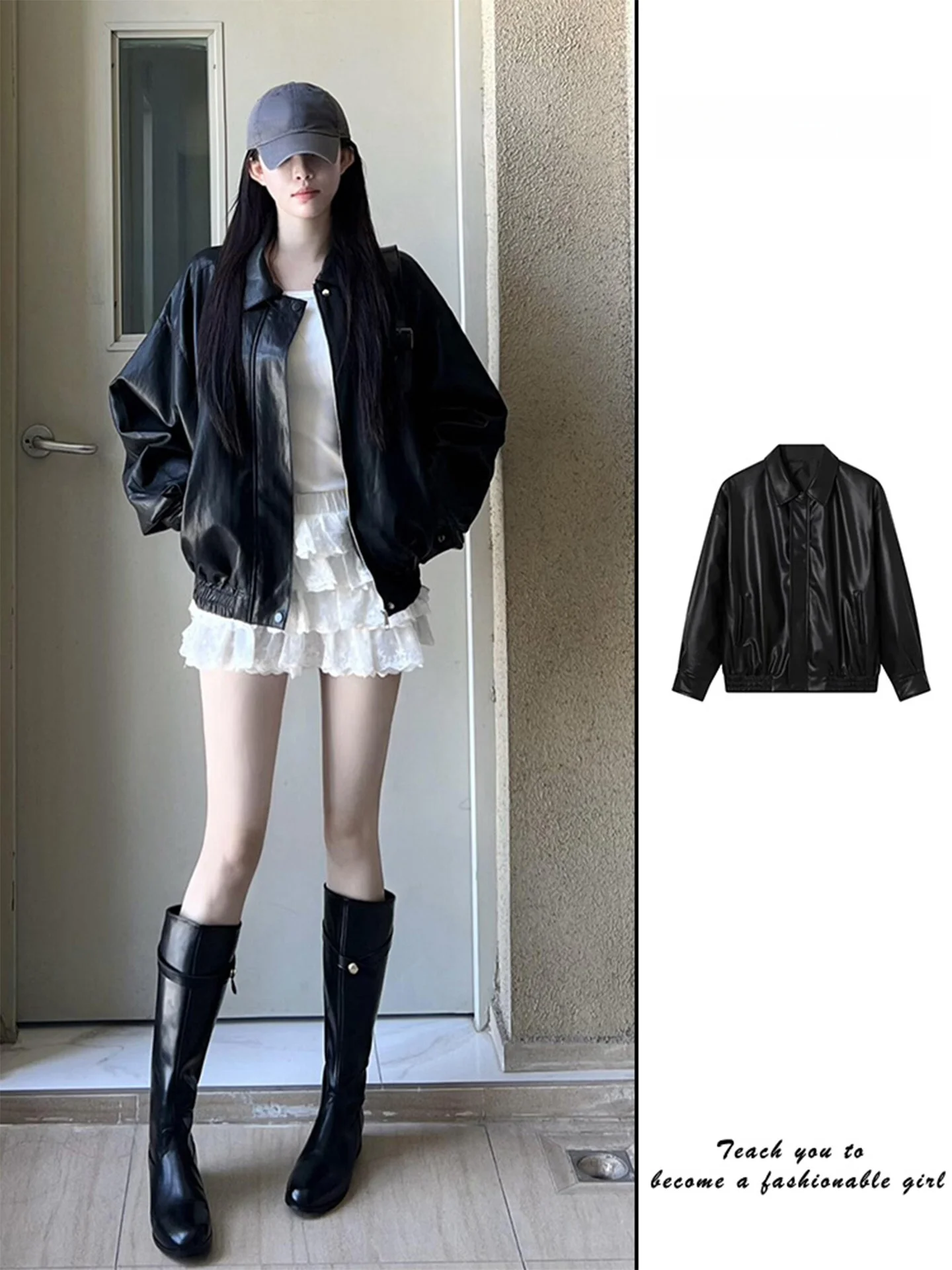 Schwarze PU-Lederjacke für Damen, Locker Geschnittene Retro Hong Kong Style Frühling Herbst Neuerscheinung Motorradjacke Top Damenmode