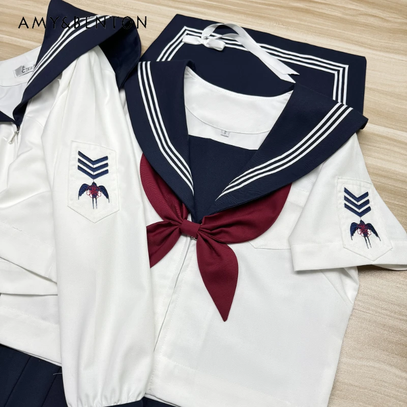 

Japanese Jk Uniform College Style Summer and Autumn Long Short Sleeved Blue and White Top Solid Color Mini Pleated Skirt Girls