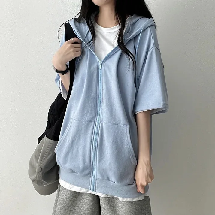 Women Zip Up Coat Oversized Sweatirt Y2k Hooded Sweater Women Loose Autumn Casual Half Sleeve Soft Coat Streetwear Hoodies 2025