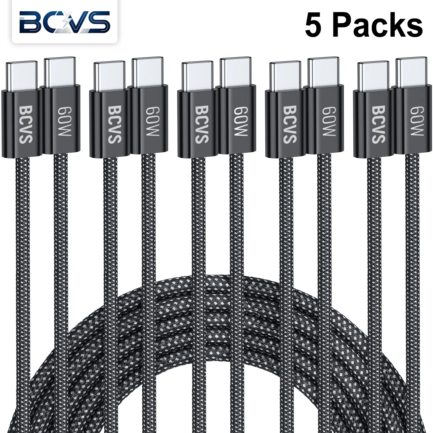 BCVS 5Pack 60W Type C Cable For iPhone 15 USB C PD Fast Charging Charger Wire Cord For Macbook Samsung Xiaomi Type C USB C Cable