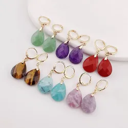 Fashion Natural Crystal Earrings for Women Faceted Water Drop Pendulum Tassel Amethysts Tiger Eye Stone Crystal Dangle Earrings