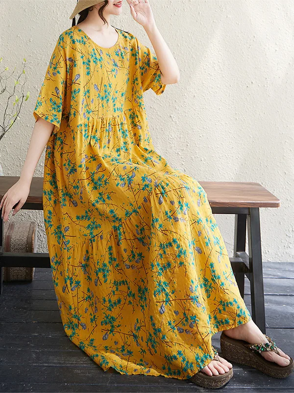 

Yellow Flower Cotton Lin Loose Slimming Cake Skirt Summer Thin round Ne ort Sve Casual Sle plus Size Women's Dr