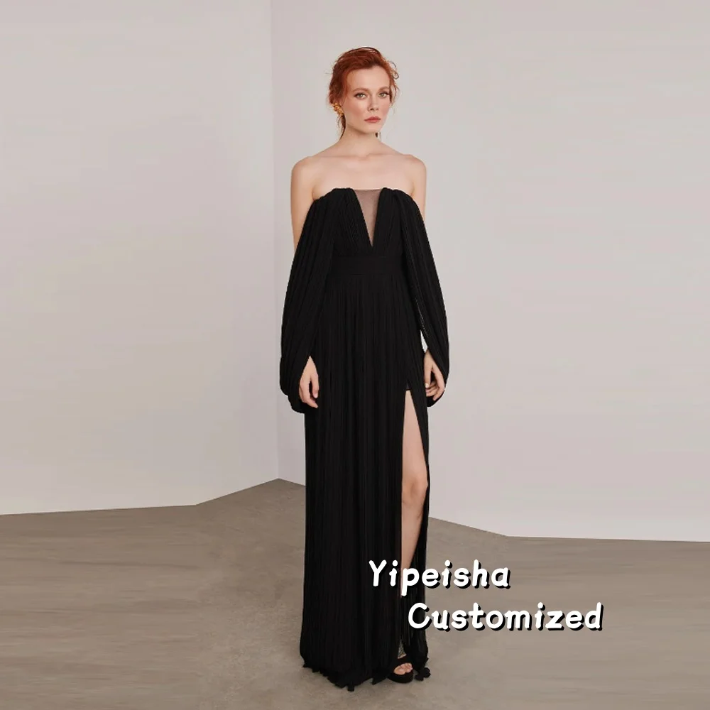 

Customized Black Elegant Off The Shoulder Evening Dresses V Neck Chiffon Floor length Side Slit Prom Dresses Formal PartyDress