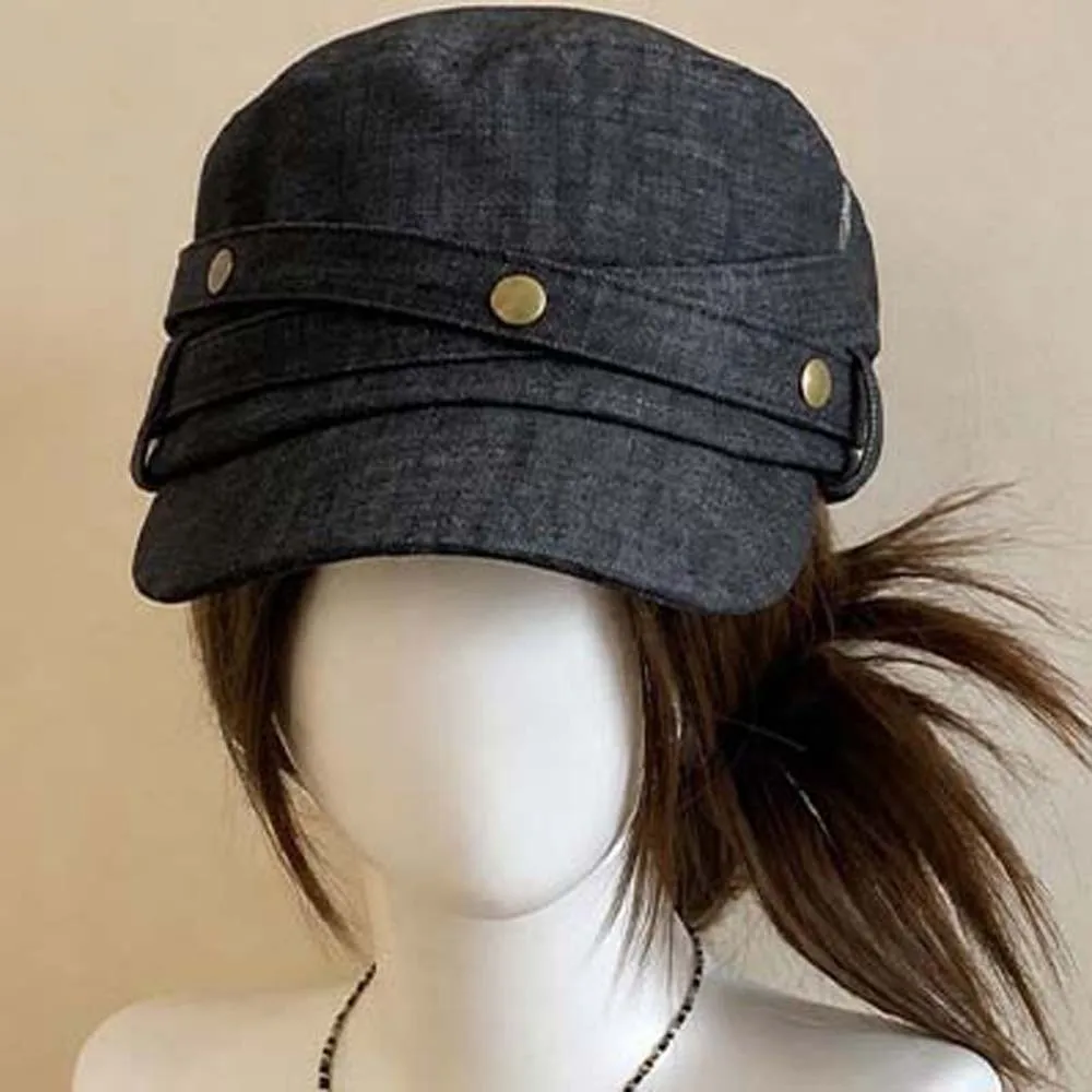 Washed Denim Denim Flat Hat Cross Ribbon Metal Button Vintage Visor Hat Breathable Flat Crown Rivet Top Cap Weekend Outing