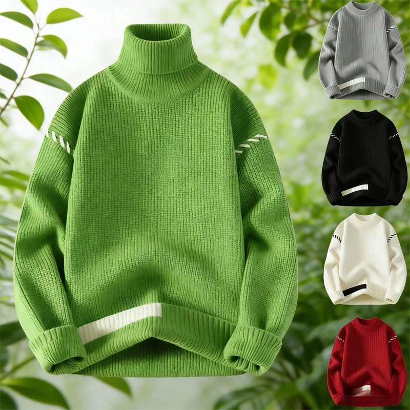 

Men's 2025 Chunky Knit Color Block Sweater | Korean Style Loose Fit Pullover, Warm Round Neck Casual Jumper for Winter
