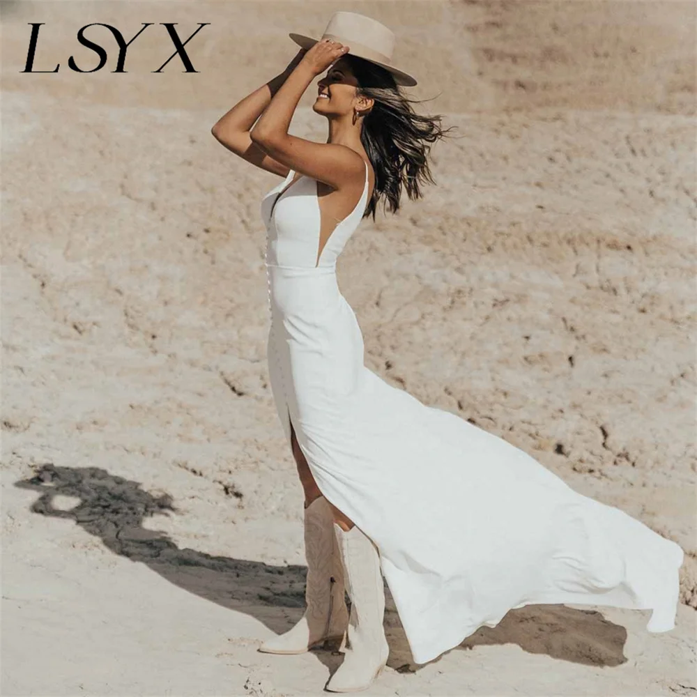 LSYX-vestido de novia blanco de crepé sin mangas, V profundo con escote en traje de novia, corte alto, Espalda descubierta, 2023