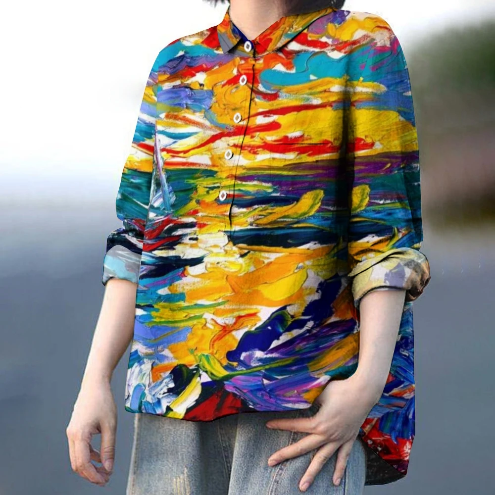 

Oversized Top Women'S Print Shirt Long Sleeves Fashionable And Casual Commuting Style Flip Collar Blouse With Buttons Pattern