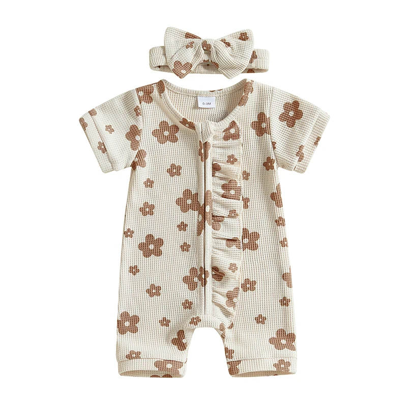 

Baby Girls Summer Outfits Flower Pattern Ruffles Crew Neck Short Sleeve Zip Up Newborn Romper with Bow Headband 2 Pcs Set