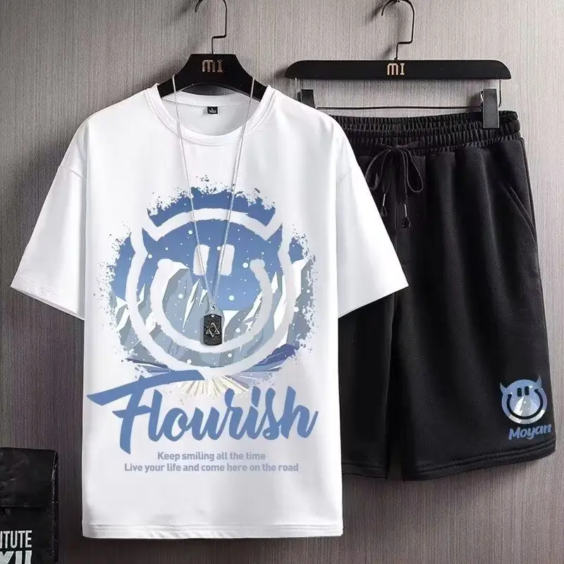 

Fattened Plus Size Suit Men's New Summer Loose Sportswear Fat Senior Five-quarter-sleeved Shorts Two-piece Set