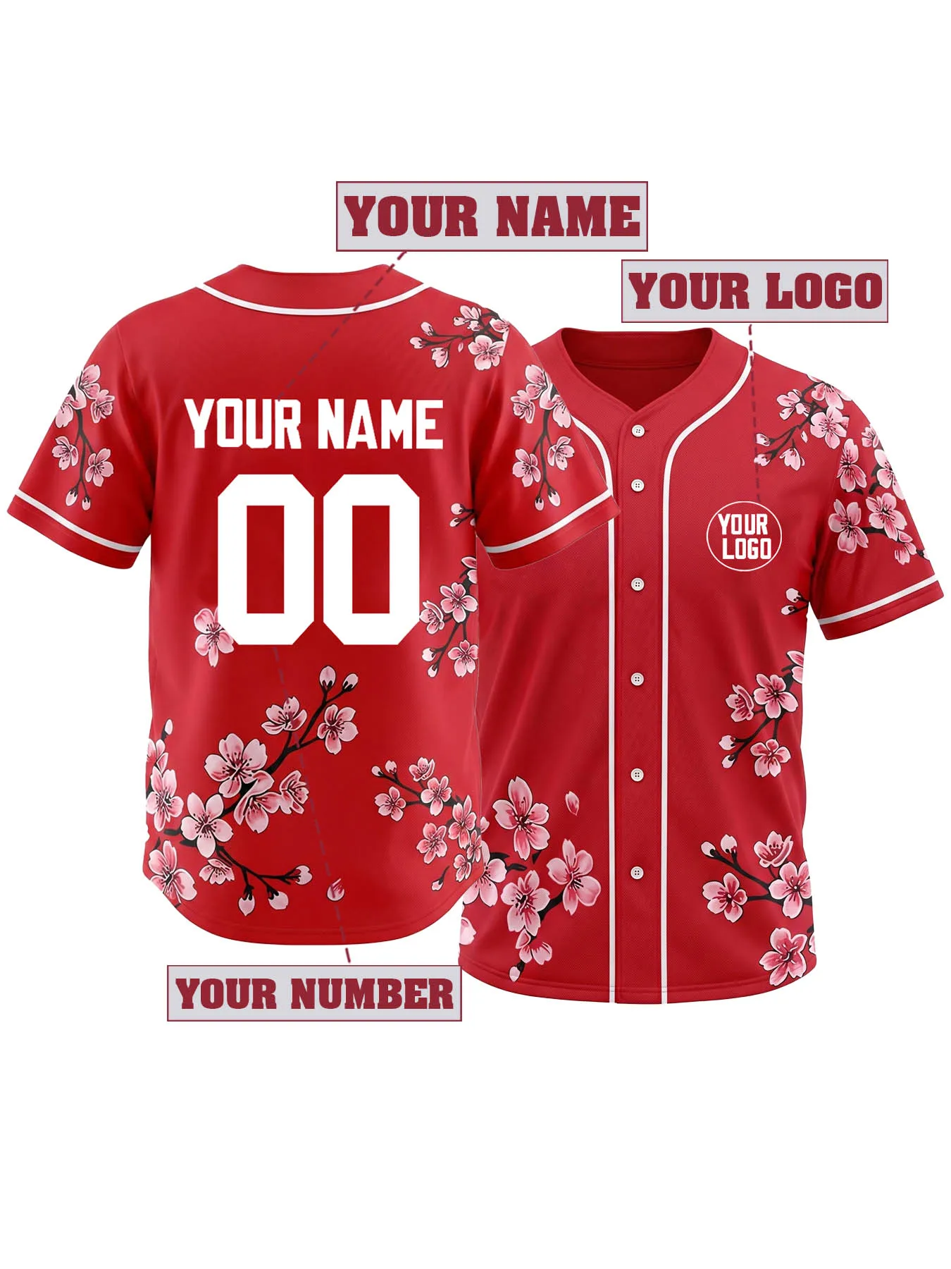 Custom Embroidered Cherry Blossom Baseball Jersey Men Women Personalized Name Number Logo Short Sleeve Button Down Sports Shirt
