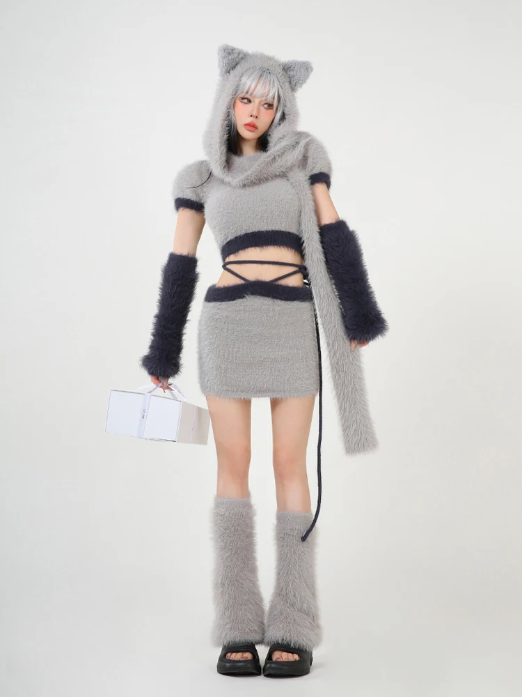 ADAgirl-Ensemble pull Kawaii gris pour femme, manches perfectionnées imbibées, jupe fine, chapeau oreilles de chat, vêtements coréens mignons,