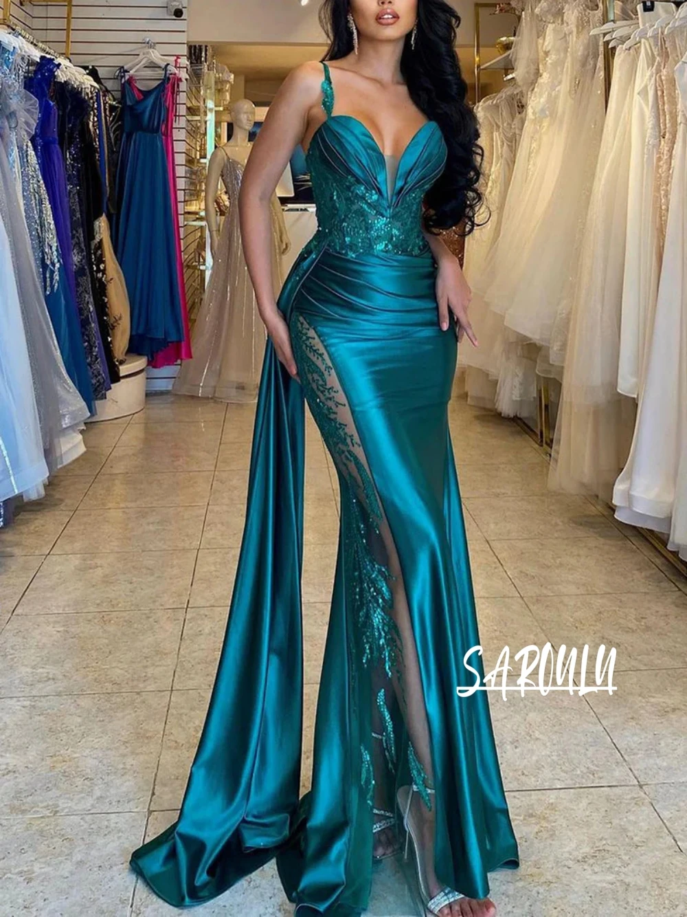 Sexy Pleated V-Neck Evening Dress Elegant Appliques Sequins Customized Prom Gown Modern Mermaid Bridal Dresses Vestidos De Novia