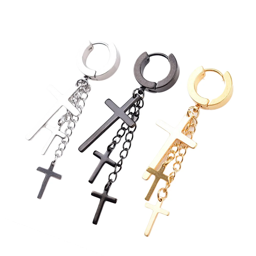 

2PCS Cross Earrings Stainless Steel Dangle Ear 3 Pendants Silver Color Punk Fashion Gift Decor For Women Men