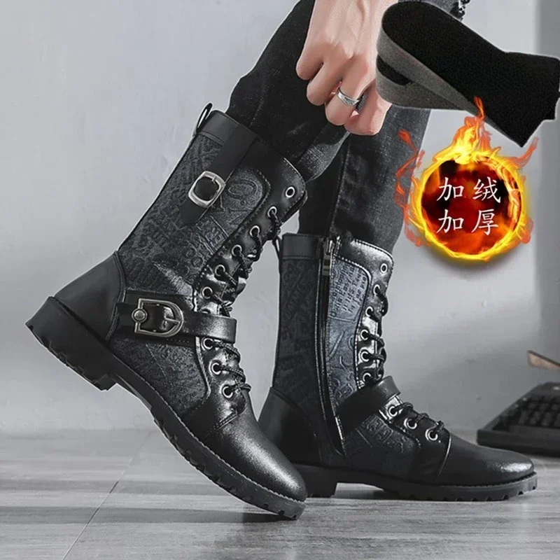 Herren Punk Stiefel Straße Motorrad Stiefel Seite Reiß verschluss Schnalle Riemen Herren Stiefel lässig Leder Jazz Stiefel Schnürstiefel erkek