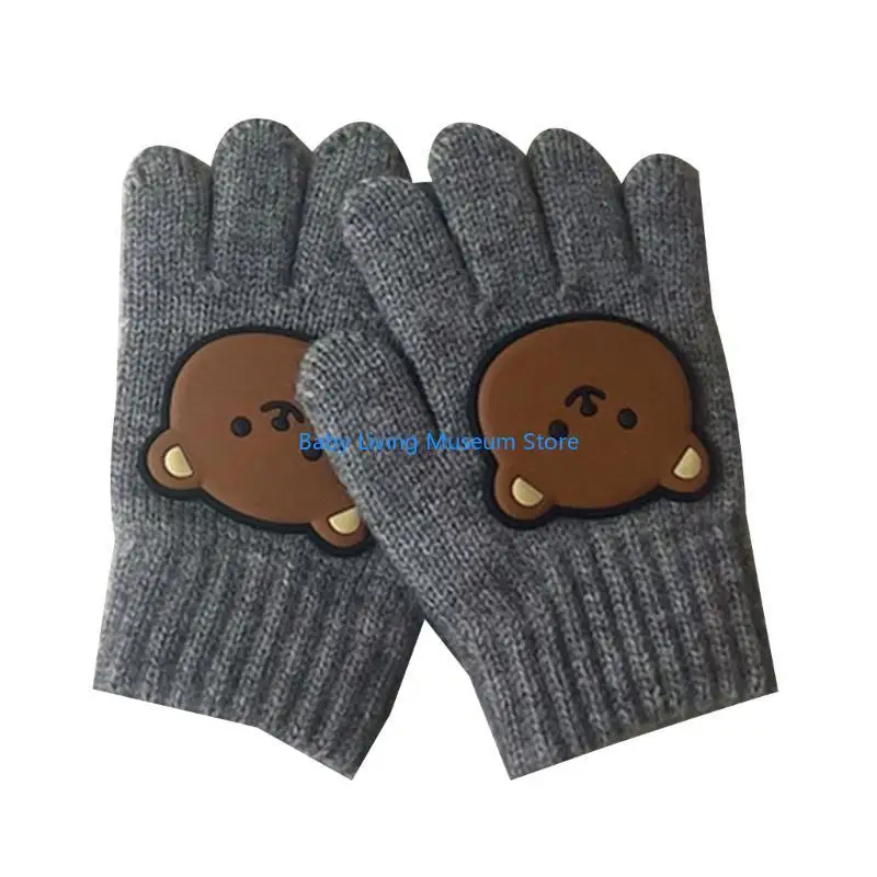 

P31C 2pcs Children Warm Gloves Cartoon Bear Five Fingered Designed Winter Mittens