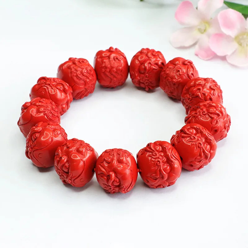 Natural Cinnabar National Style Vintage Design Bracelet Men's and Women's Red Sand Embossed Lion Head Play Bead String Hand Rope