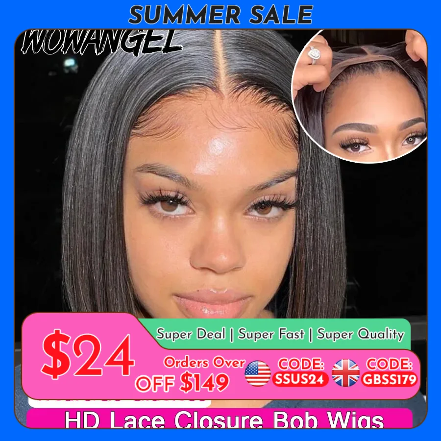 WOWANGEL Straight Bob Wig 5X5 HD Lace Closure Wig Ready To Wear Glueless Wig 250% Bob Wig Lace Front Human Hair Wigs Pre Plucked