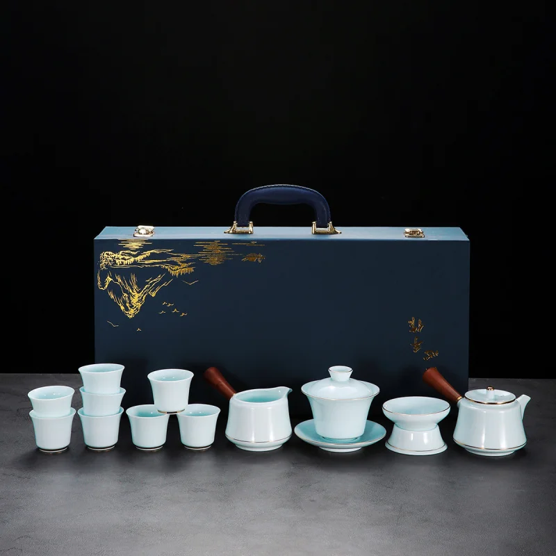Yangzhi Jade Shadow Green Light Luxury Kung Fu Tea Set Gift Porcelain Side Handle Teapot Company Event Gift Wholesale