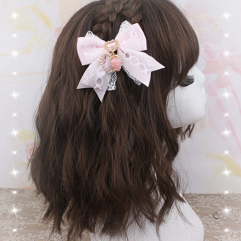 Женские аксессуары для волос, кружевные заколки ручной работы с клубничным бантом, модный подарок для девочек, заколка для волос с бантом, черный, бежевый, белый цвет