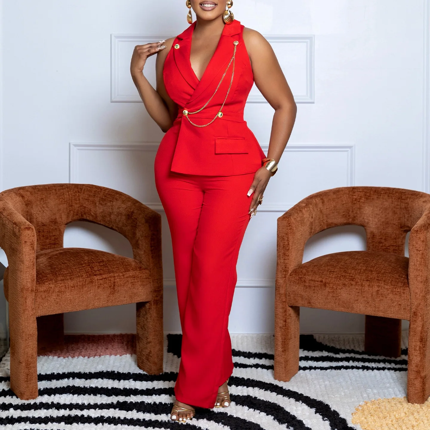 بالإضافة إلى حجم المرأة بذلة مثير Faion سلسلة عارضة واسعة الساق الريكية قطعة واحدة عالية الخصر السراويل الطويلة نسيج البوليستر #2