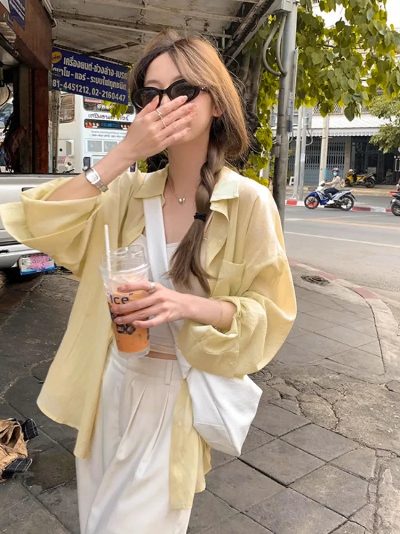 Women Shirt Candy Color Chic Long Sleeve Sun-proof Korean Fashion Breathable Loose Fit Outwear Young Students All-match Popular