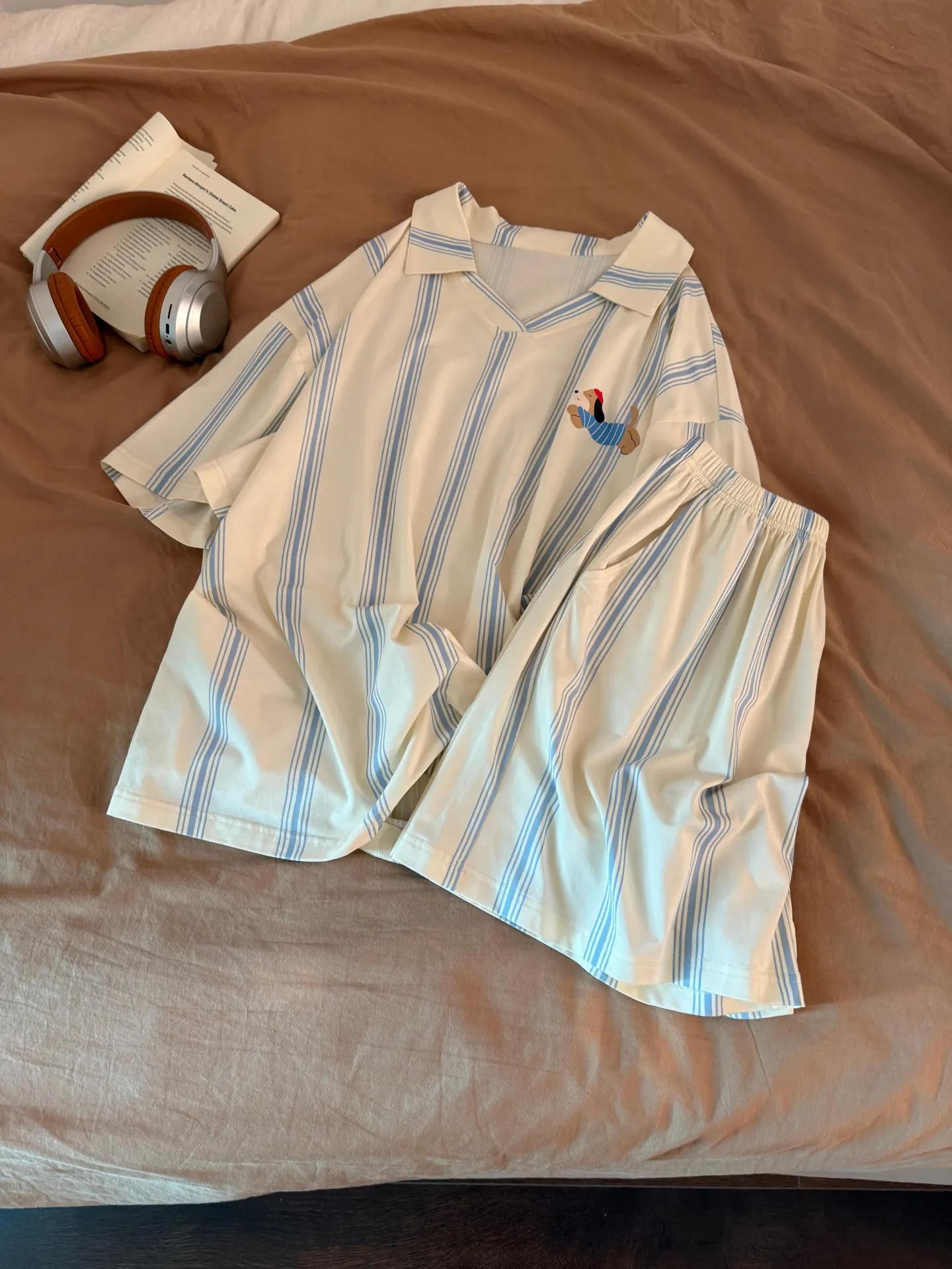 

Летняя женская одежда для сна из чистого хлопка, домашняя одежда с короткими рукавами, с рисунком собаки, синими полосками, больших размеров, подходит для ношения на открытом воздухе