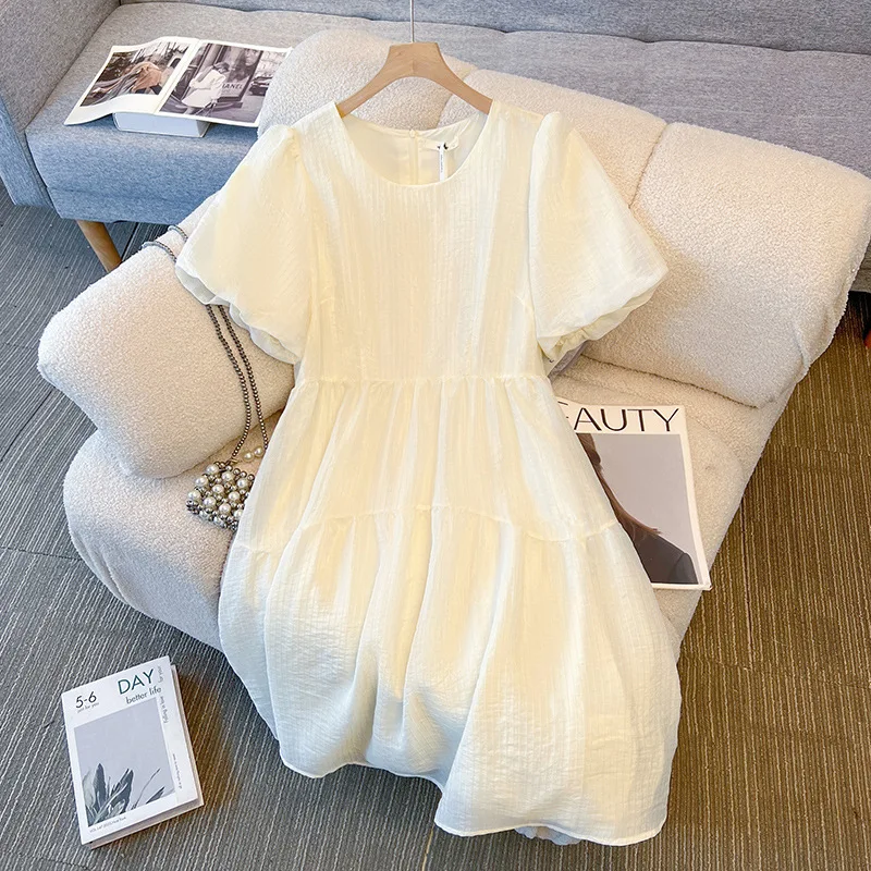

145Kg Plus Size Women's Bust 147 Summer Loose Striped Jacquard Round Neck Short Sleeved Lyocell Dress 4XL 5XL 6XL 7XL 8XL
