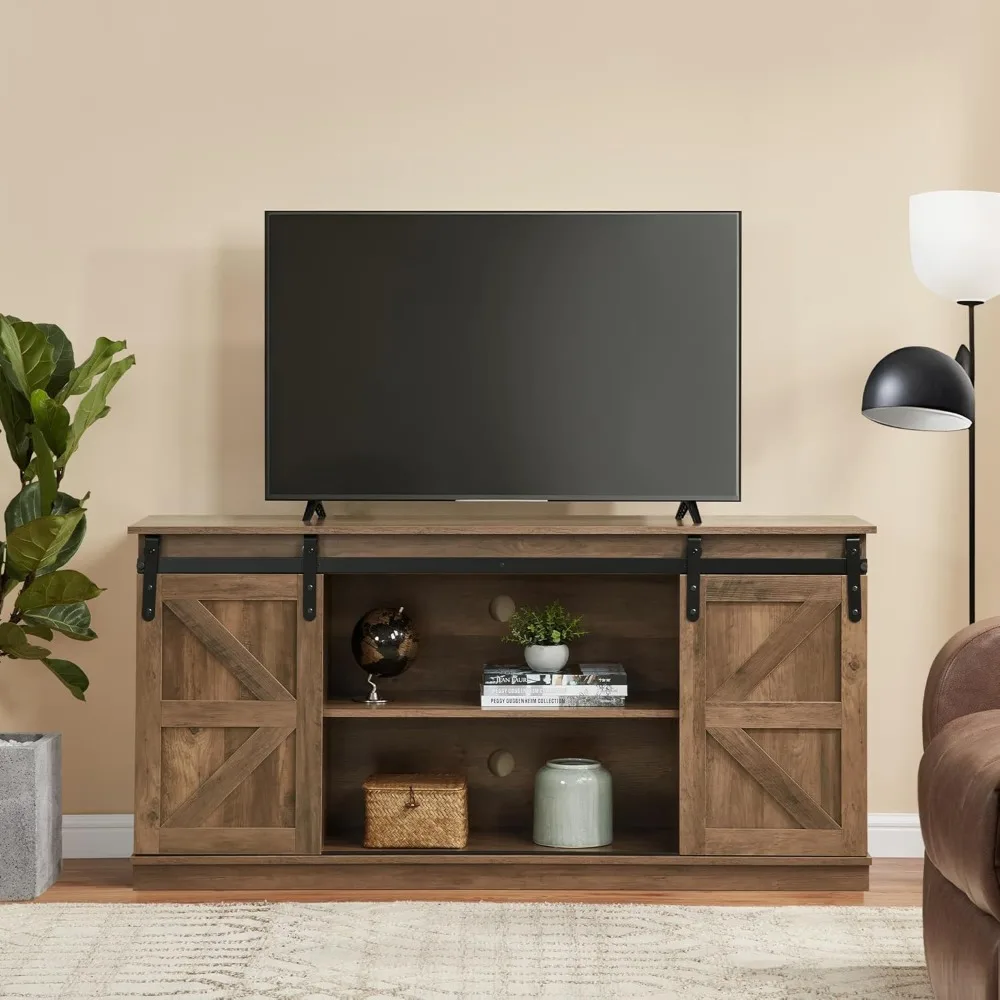 

58 Farmhouse TV Stand and Entertainment Center for Televisions up to 65 Inchs,with Sliding Barn Doors and Storage Cabinets (Natu