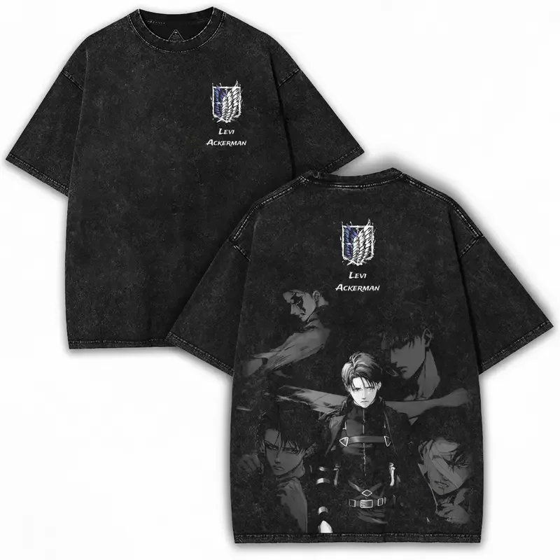 Japan Anime Attack on Titan Rival Ackerman Graphic Print T-shirt Men Women Retro Washed O-neck Cotton Loose Casual Oversized Top