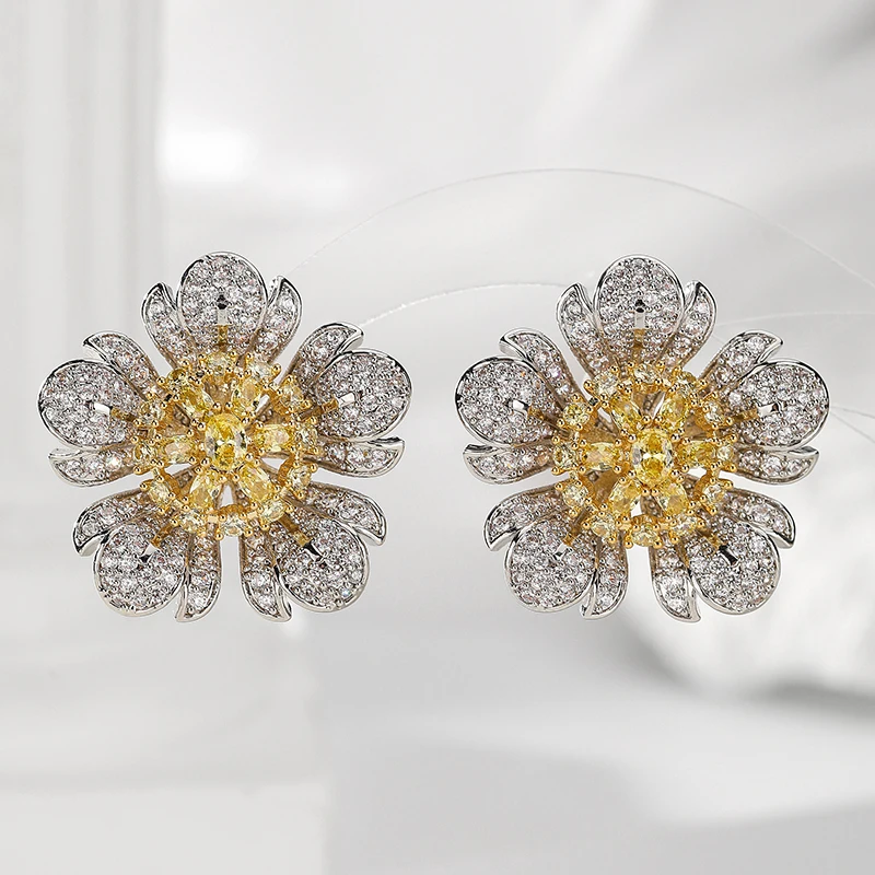 SENYU Luxury Zircon Big Flower Large Stud Earrings Beautiful Yellow Flower Stamen Exquisite Women Wedding Earrings Jewelry Gifts