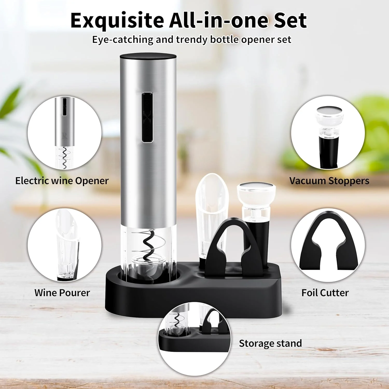 Rechargeable, One-touch Automatic Wine Bottle Corkscrew Opener (Stainless Steel) Set， Wine Accessories and Wine Gift Sets