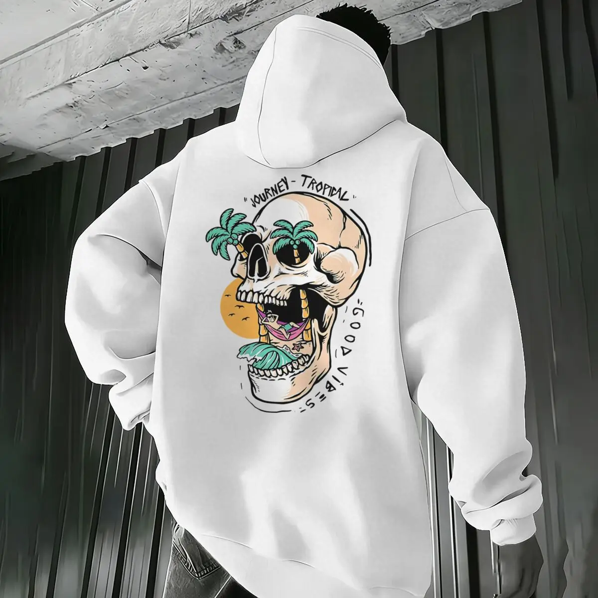 

Tropical Skull Graphic Print Hoodies Beach "Tropical Good Vibes" Skull Hoodie Unisex Palm Tree Print Vacation Clothing Men Women