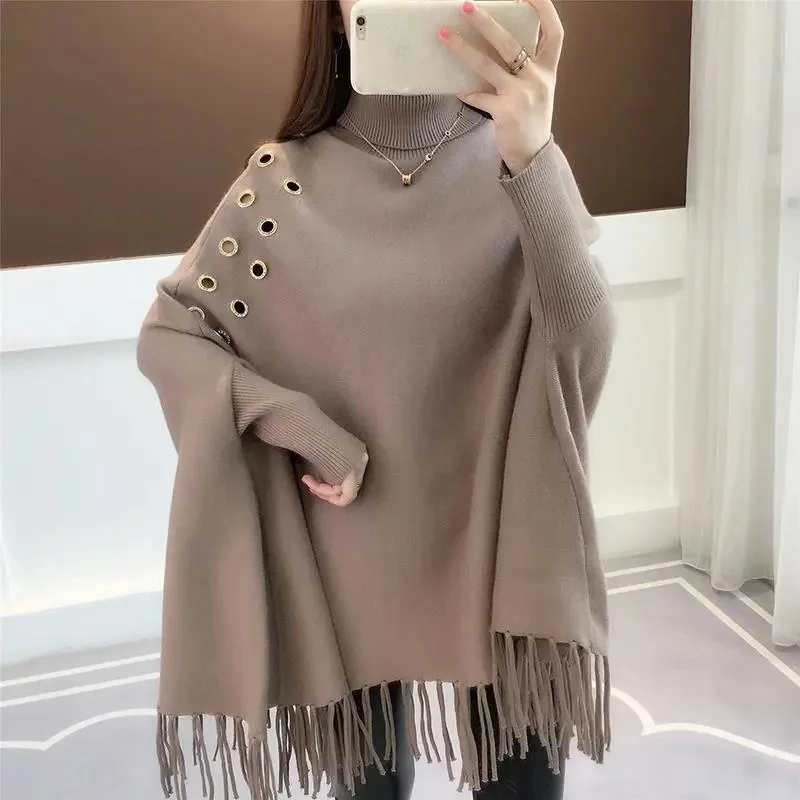 

2024 Bat Sleeve Loose Sweater Turtleneck Cloak Jacket Autumn Winter New Sweater Women's Hedging Tassel Shawl