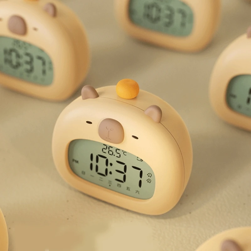 Capybaras Desk Alarm Clock with Soft Glowing LED Nightlight and USB Rechargeable Timers Desktop Decoration