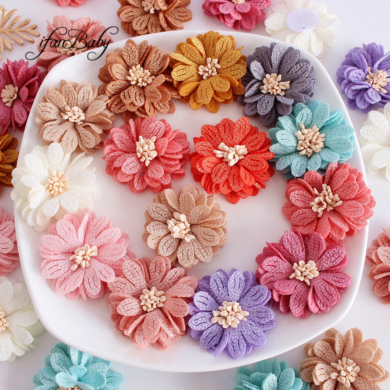 4.5CM Fashion Solid Artificial Fabric Flowers With Stamen For Hair Accessories Hairband Apparel Accessories 23 Colors