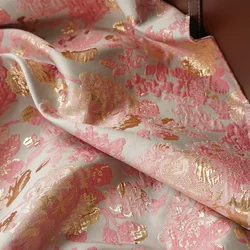 Embossed Jacquard Fabric Bronzing Gold Pink Rose Design Sewing Material Cheongsam Dress Garment Fabric Wide 145cm Sold By Meter