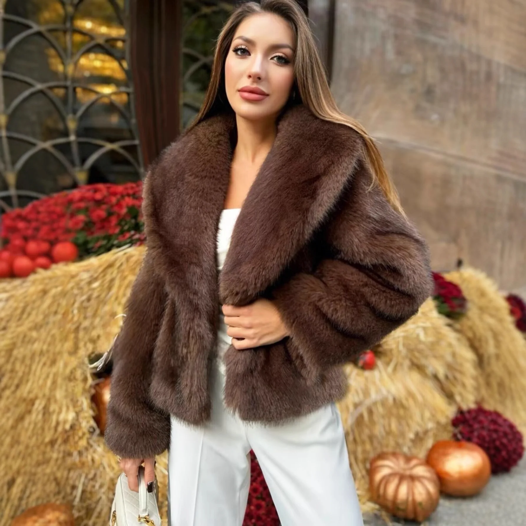 Or casaco de pele quente Plu Jaet Faionable Fem Outerwear Inverno Thiened Calor Casaco de pele sintética eepskin