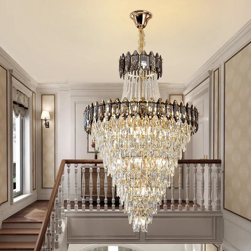 Crystal Large Chandelier Villa Living Room Hollow Luster Decorative Lamp Luxury Long Crystal Loft Rotating Staircase Lamps